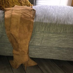 Camel Thigh High Boots. 4.5in heel